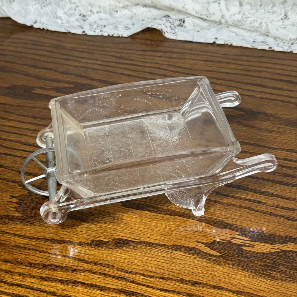 Vintage Clear Pressed Glass Wheelbarrow Dish Wheat Leaf Pattern Metal Wheel